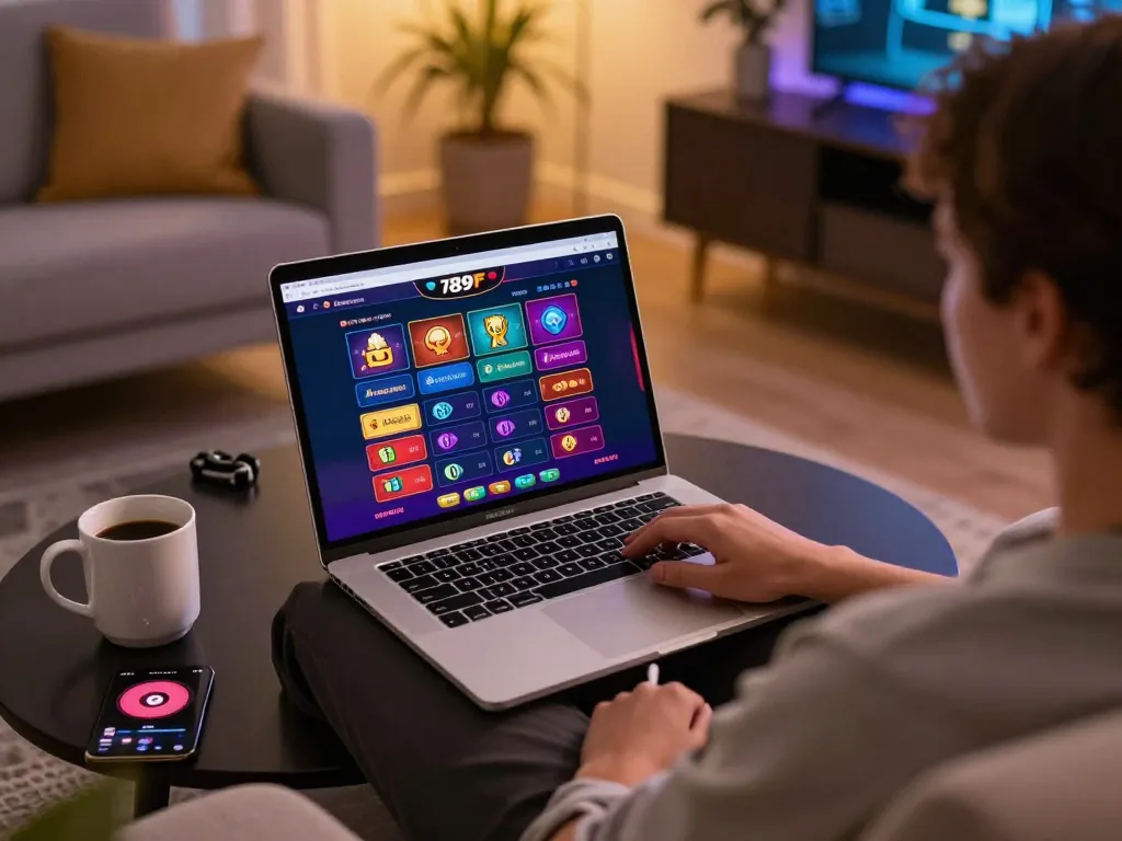 Experience exciting online gambling with 789F on a laptop and coffee in a cozy home