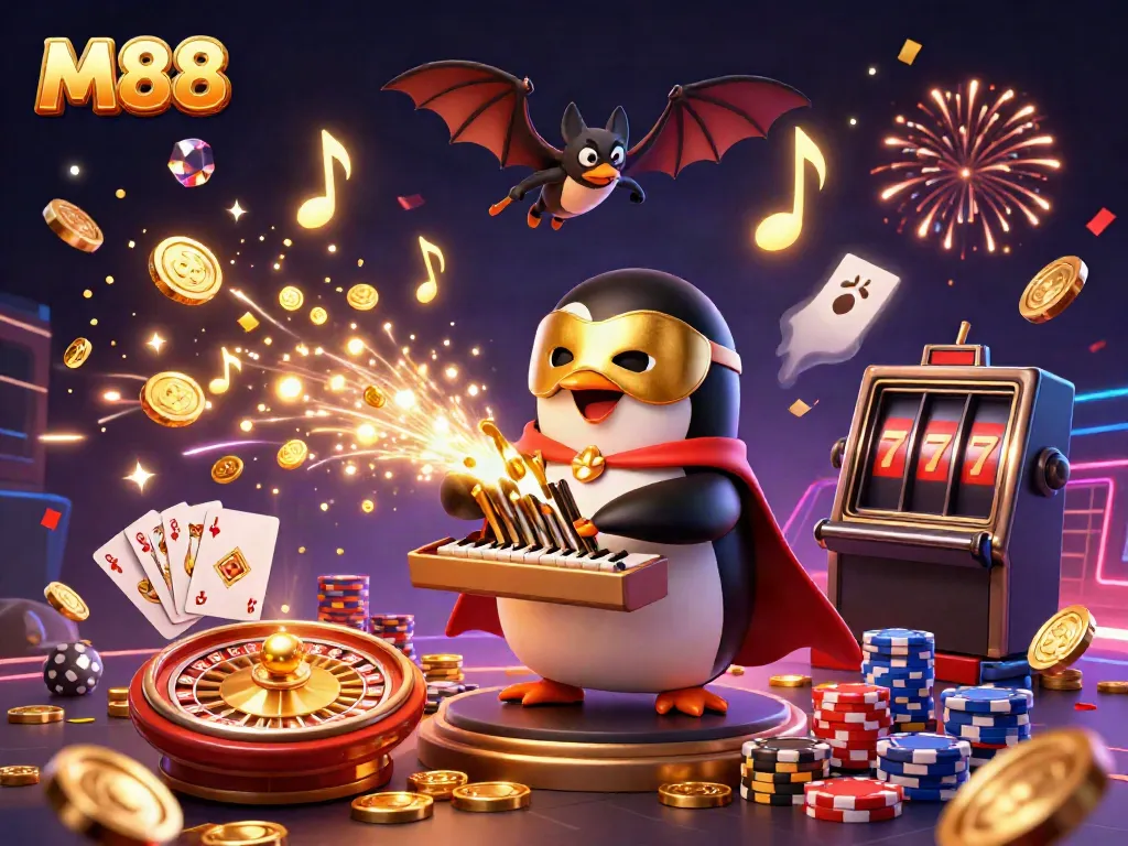 Experience M88 excitement with a vibrant casino scene featuring animated characters and dynamic gambling elements.