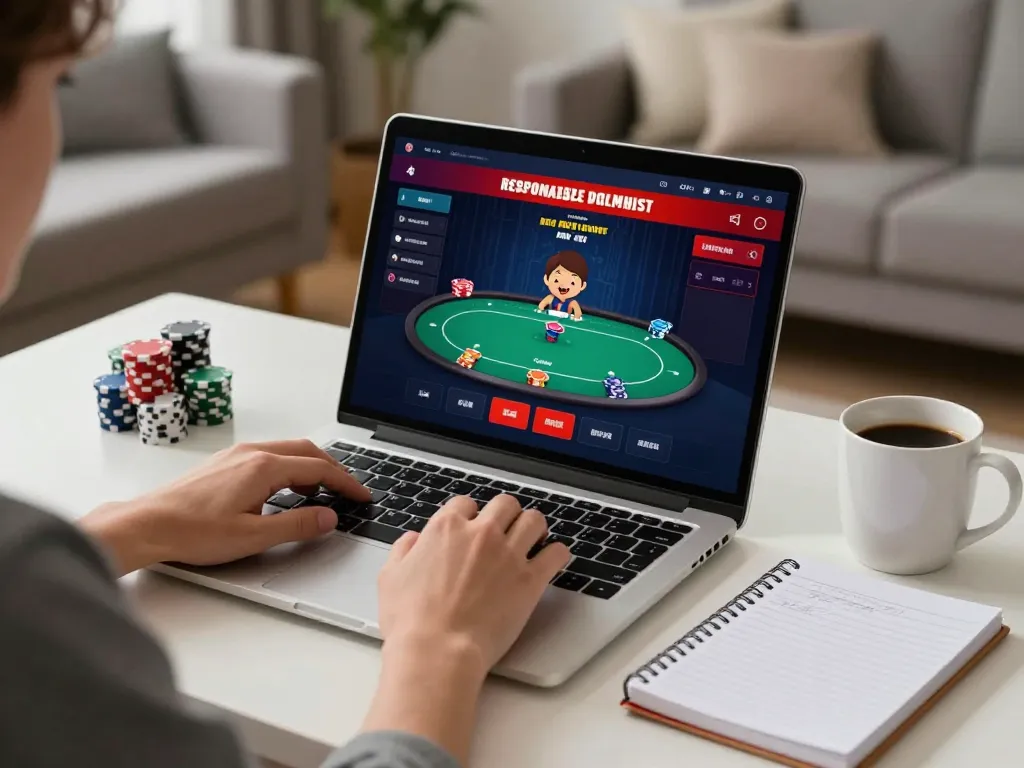 Player engaging in online poker at home using 33win for strategic gameplay and responsible gambling.