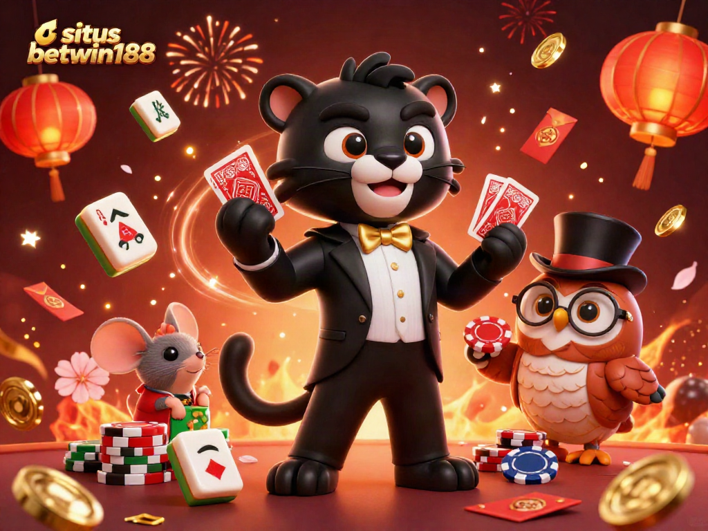 Engage in interactive gaming with situs betwin188 as a panther deals cards surrounded by festive visuals.