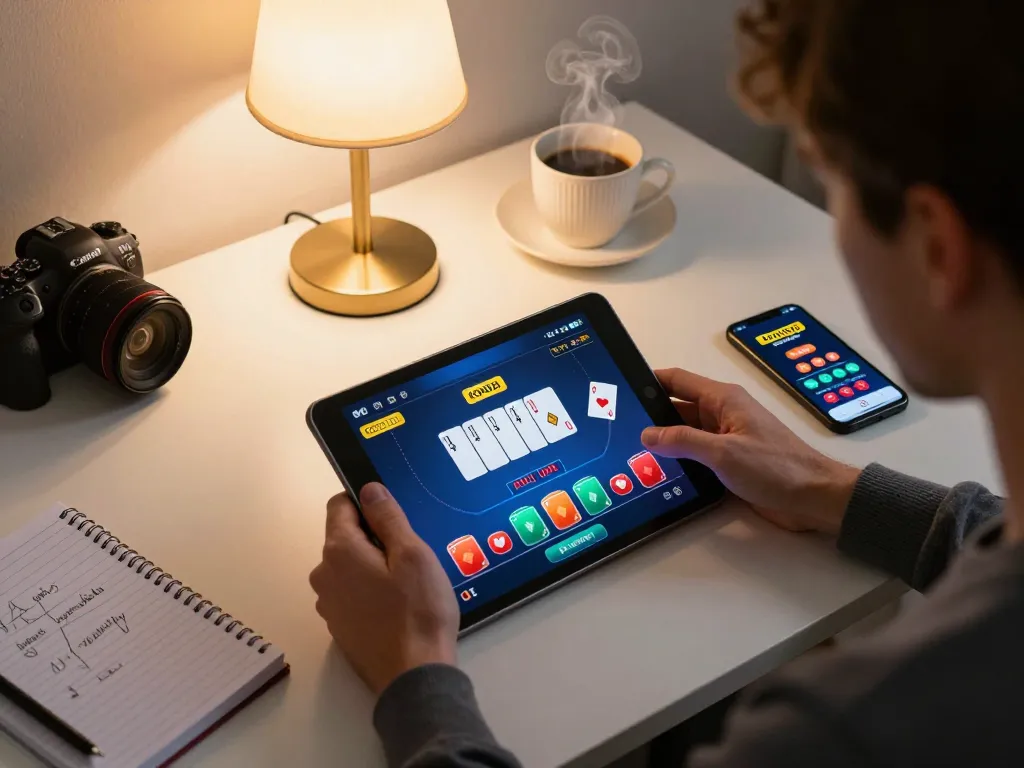 KONG88 player engaging in online poker strategy at home, showcasing tablet gaming interface.