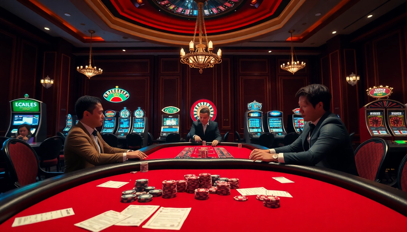 Players enjoying poker at a luxurious casino connected to https://mb66-t.com/ with roulette wheels in the background.
