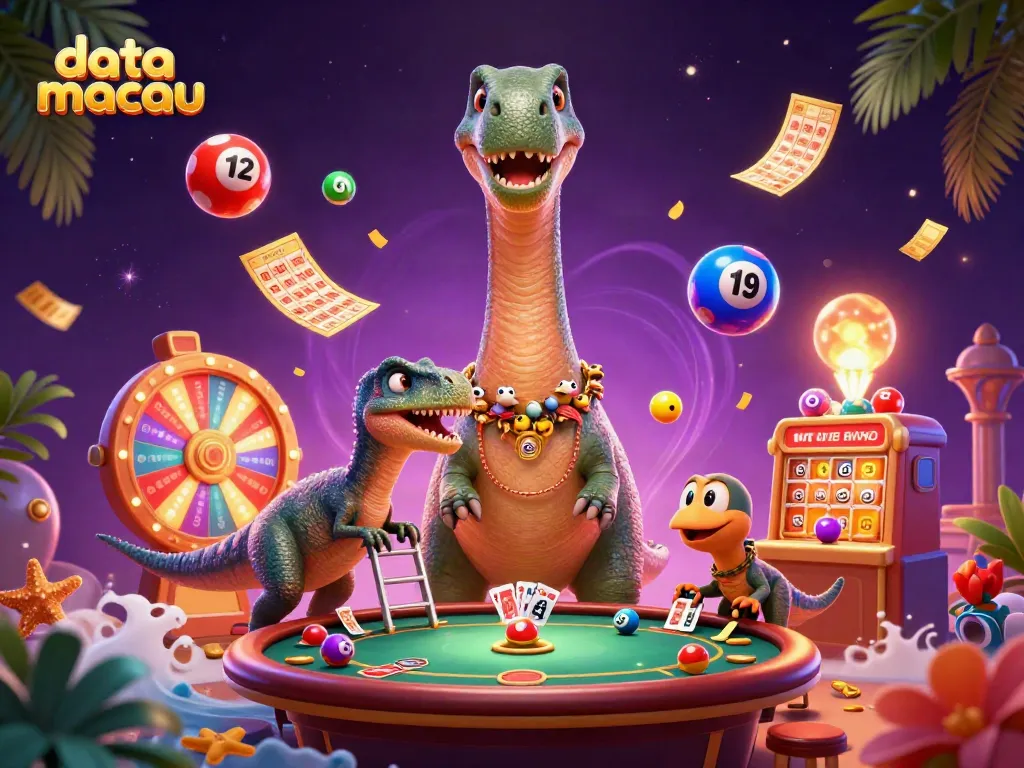 Mengamati data macau terkini di kasino dengan dinosaur dan permaian lotere yang penuh warna.