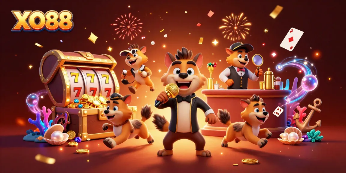 Experience thrilling excitement with XO88, featuring lively hyenas in a vibrant comedy casino scene.
