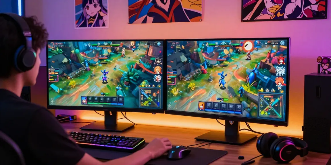 Player engaged in exciting hentai games on dual screens with vibrant anime characters.