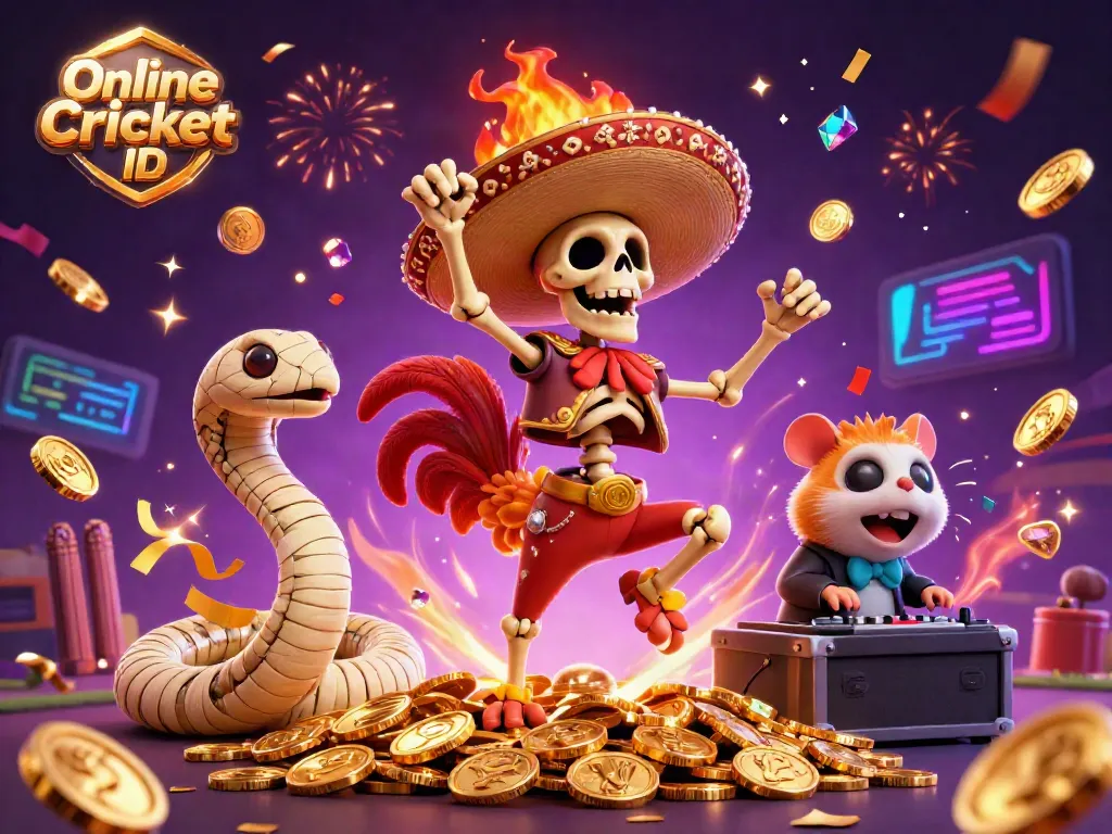 Experience thrilling betting action with Online Cricket ID, featuring festive characters celebrating on a pile of gold coins.