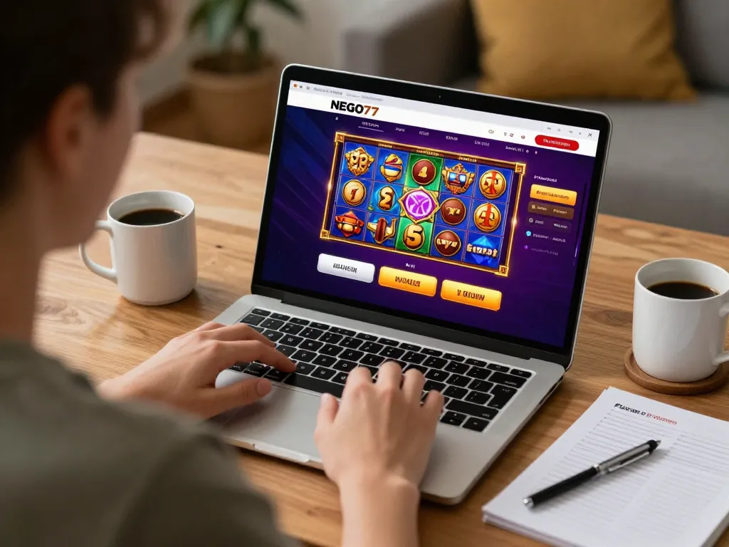 Play exciting NEGO77 online slots with a colorful interface and warm home office ambiance