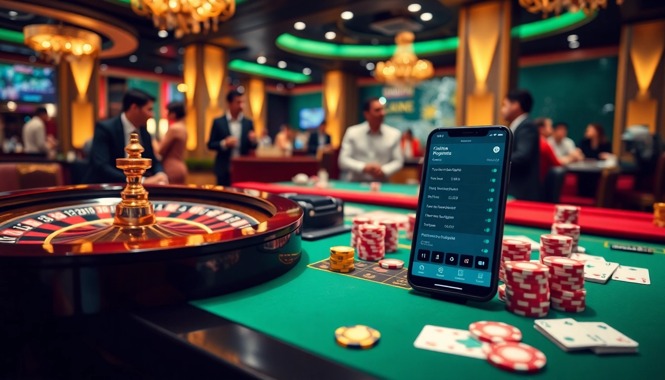 A vibrant online gambling scene representing Nhà cái uy tín, showcasing roulette and poker chips.