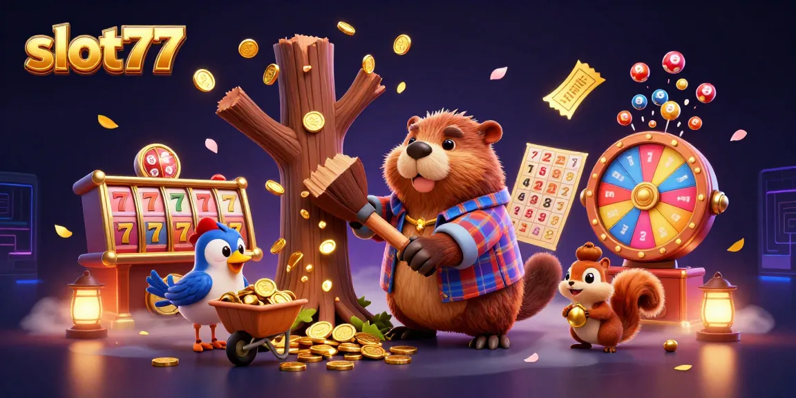 Experience the excitement of slot77 with golden coins raining down in a whimsical casino scene.