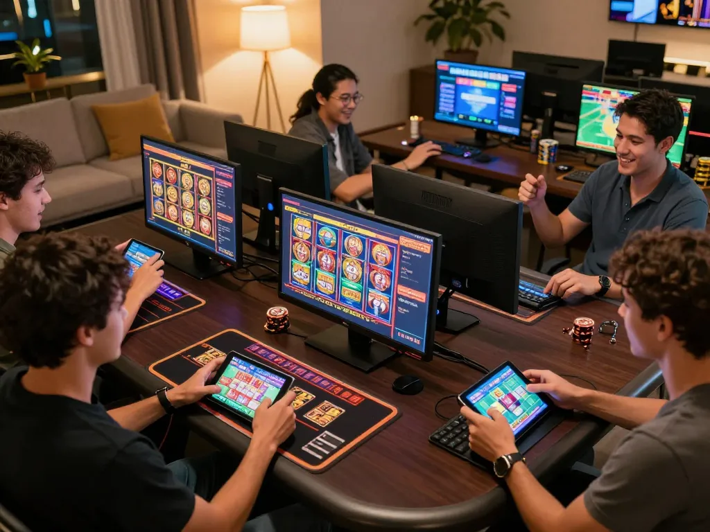 Players enjoying sg777 online gaming on tablets and smartphones, celebrating wins in a cozy home setting.