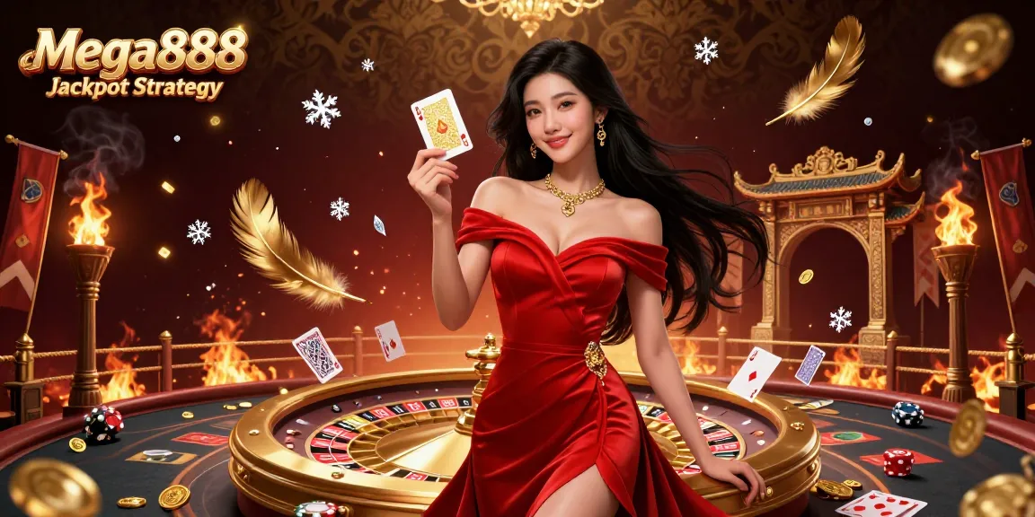 Mega888 Jackpot Strategy winning scene featuring an elegant Asian woman at a roulette wheel with gold coins and cards.