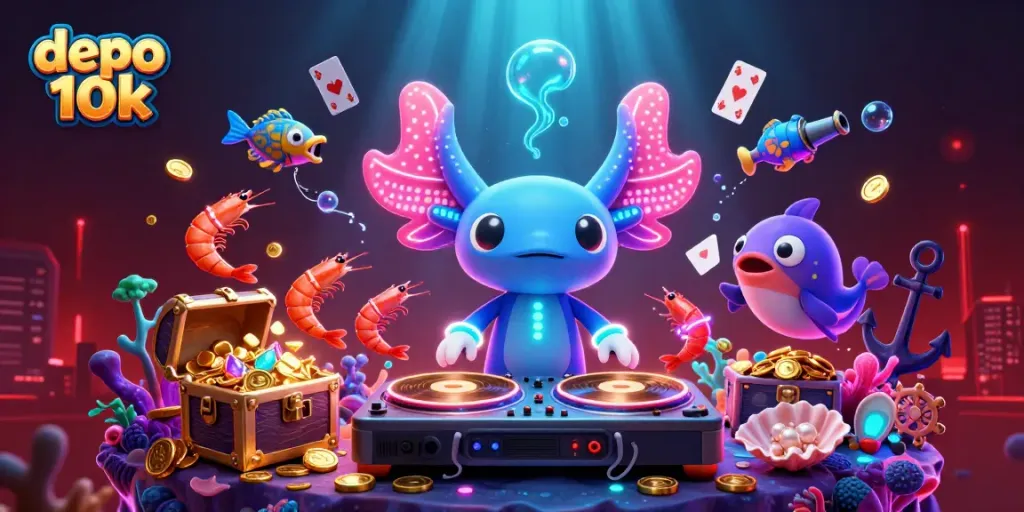 Ilustrasi 3D menarik "depo 10k" dengan DJ axolotl neon memutar musik di bawah laut.