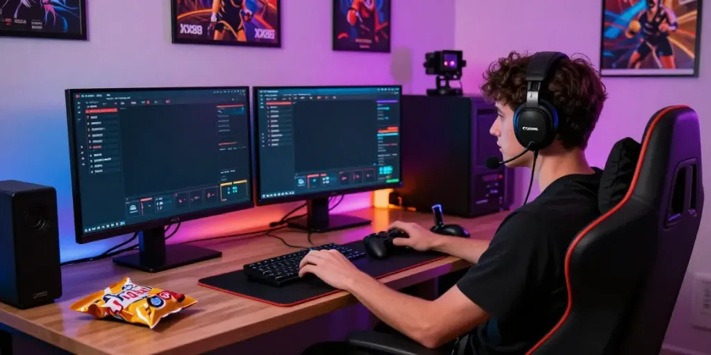 Engaged player at home desk enjoying interactive gaming on https://xx88.day/ with colorful LED lights.