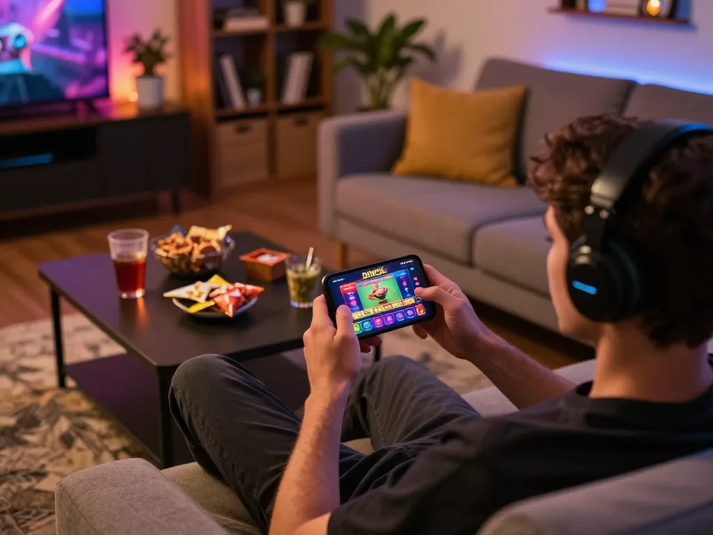 Player engaging with the done55 app on a smartphone in a cozy home environment while enjoying snacks.
