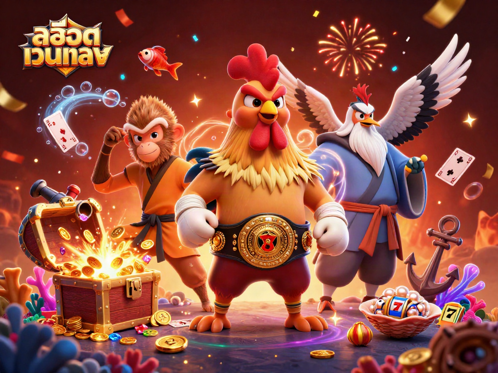 Experience exciting สล็อตเว็บตรง action with a colorful 3D casino illustration of winning characters.