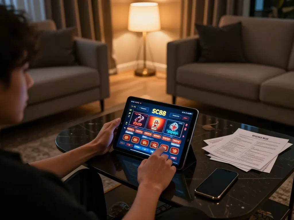 Engaging with SC88 casino app in a cozy online gaming setup, highlighting strategic play.