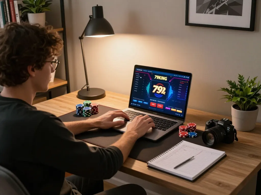 Engaging online poker gameplay on 79KING, showcasing strategic betting in a cozy home environment.