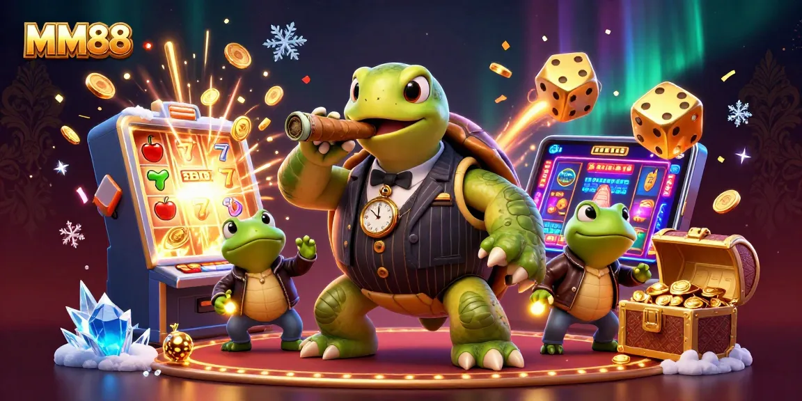 Experience the thrill of MM88 with a dynamic casino scene featuring a turtle mobster and winning elements.