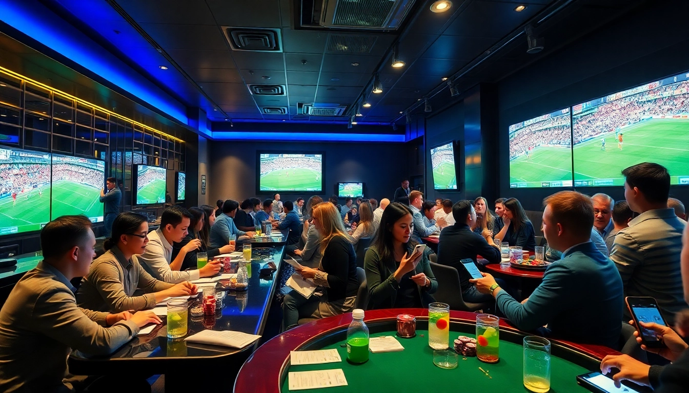 Engaging atmosphere of แทงบอลโลก betting with excited patrons cheering in a vibrant sports bar.
