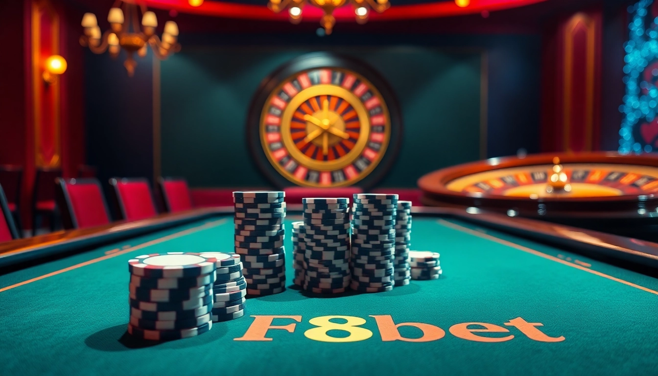 Experience the thrill of F8bet with a luxurious poker setup showcasing top-quality chips and cards.