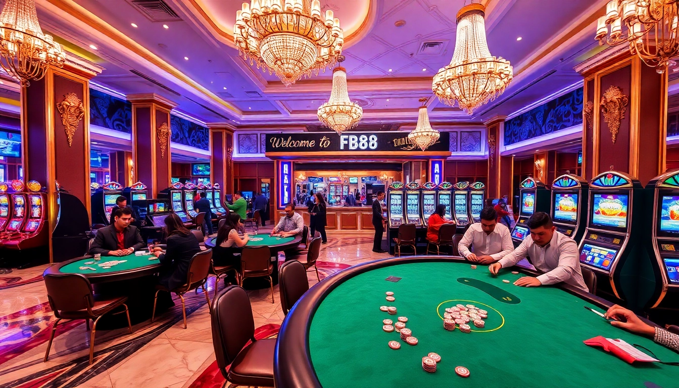 FB68 casino scene capturing thrilling gameplay at poker tables with vibrant slot machines.