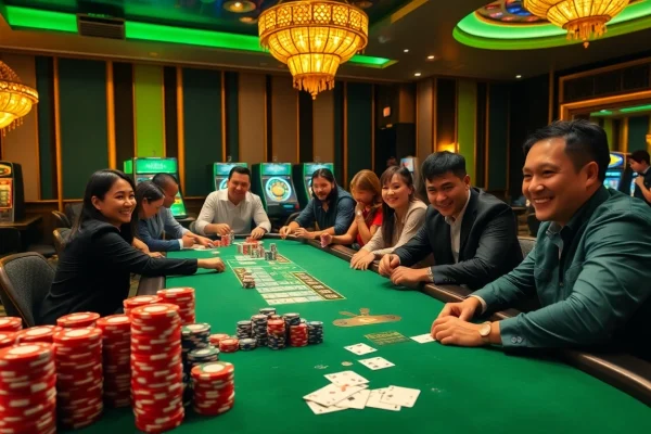 Experience the thrill of the j88 casino with vibrant poker tables and excited players.