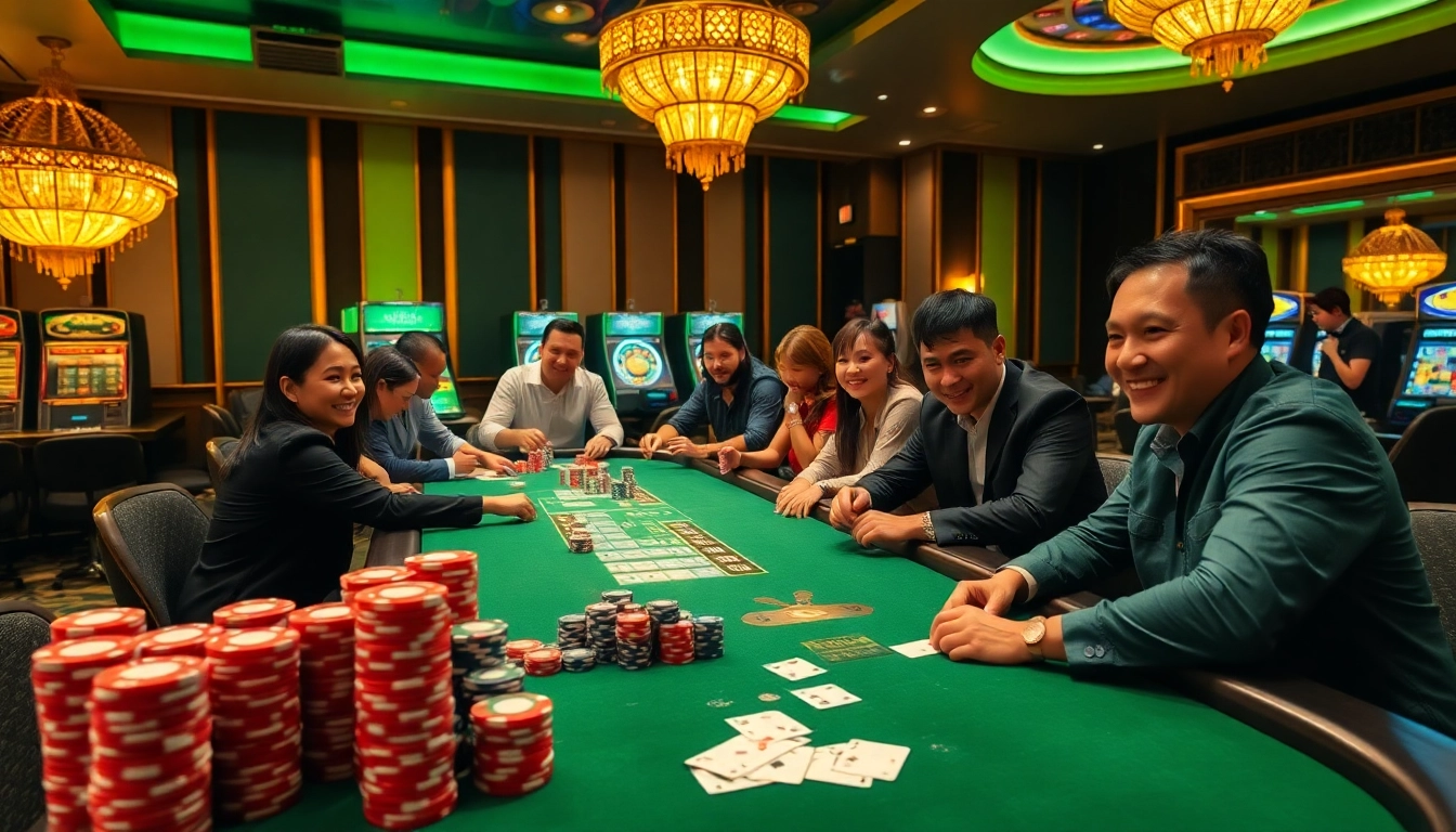 Experience the thrill of the j88 casino with vibrant poker tables and excited players.