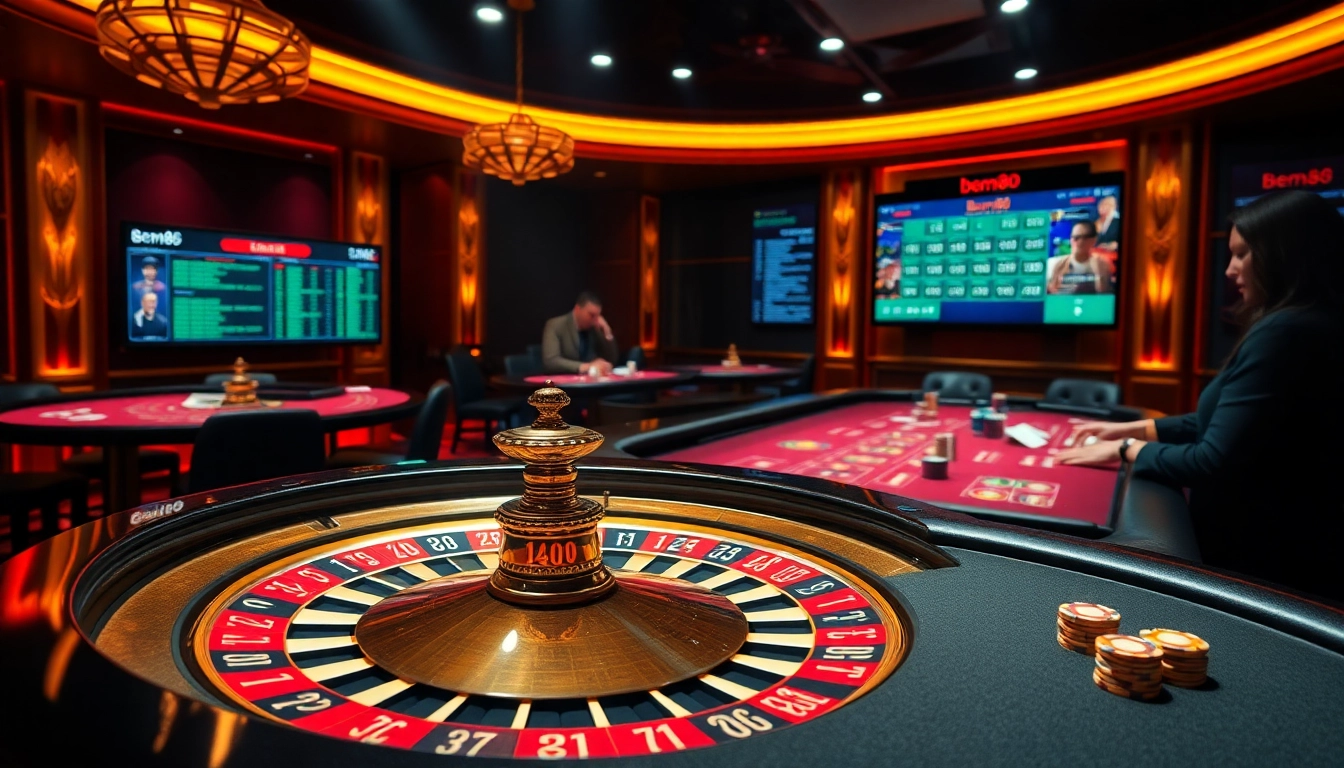 Exciting casino scene featuring poker games and a roulette table, highlighting Bem88 with dynamic betting action.