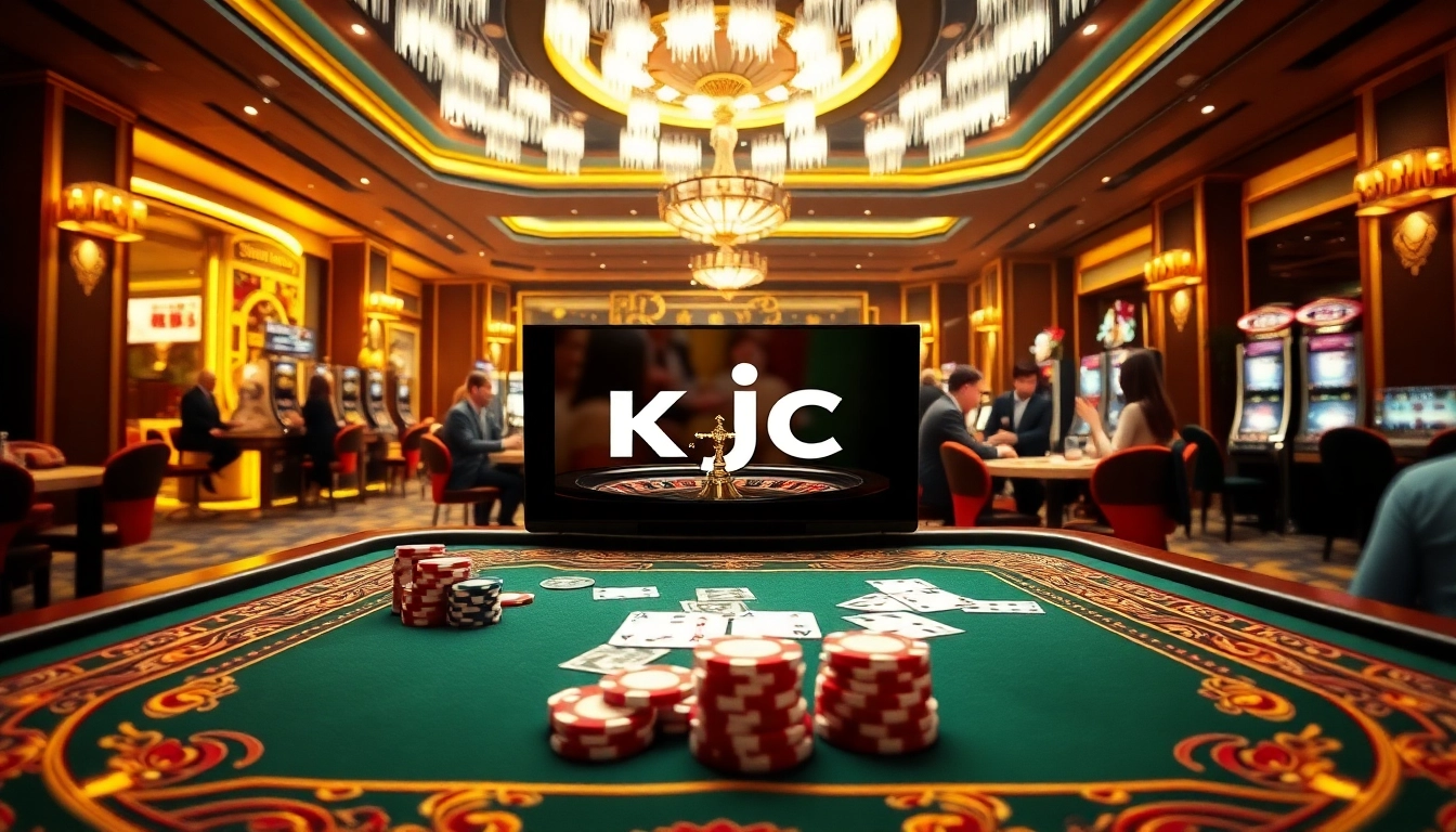 Experience the excitement of cổng game kjc with a vibrant casino setting featuring poker chips and spinning roulette wheels.