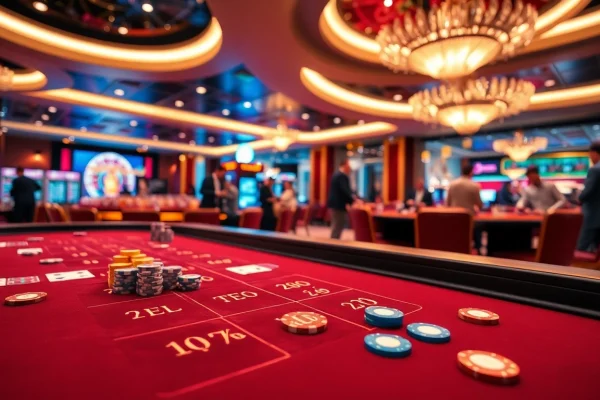 Engaging casino scene showcasing tỷ lệ kèo with vibrant betting tables and chips.