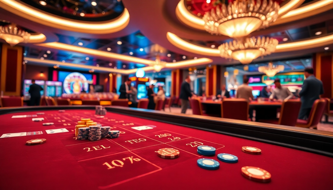 Engaging casino scene showcasing tỷ lệ kèo with vibrant betting tables and chips.