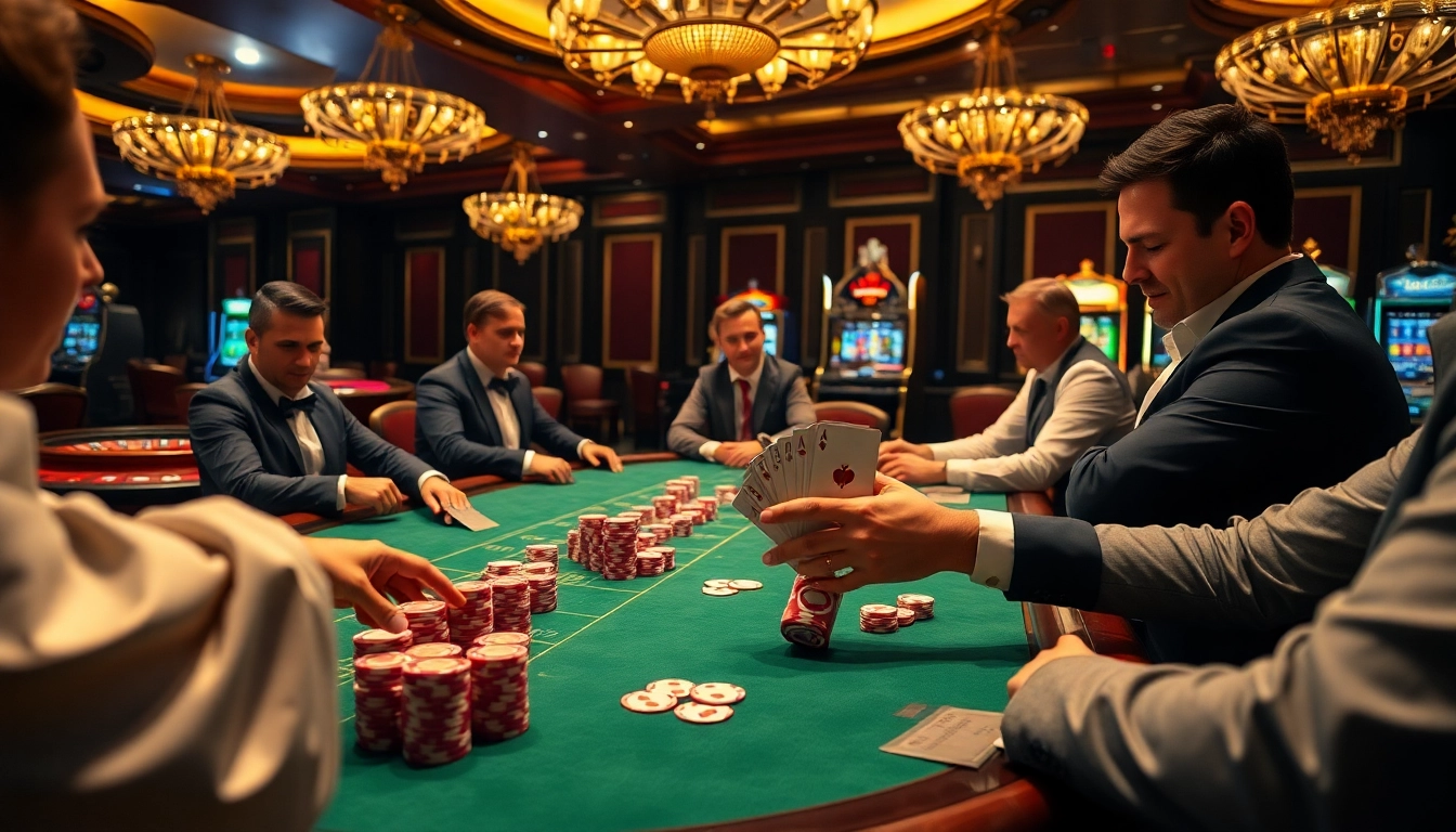 Gamblers strategizing at a luxurious poker table in a B52-themed casino environment.