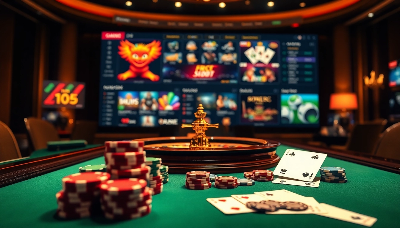 Engaging scene of players enjoying online gambling at https://rr88c.mobi/ with poker chips, cards, and roulette wheel.