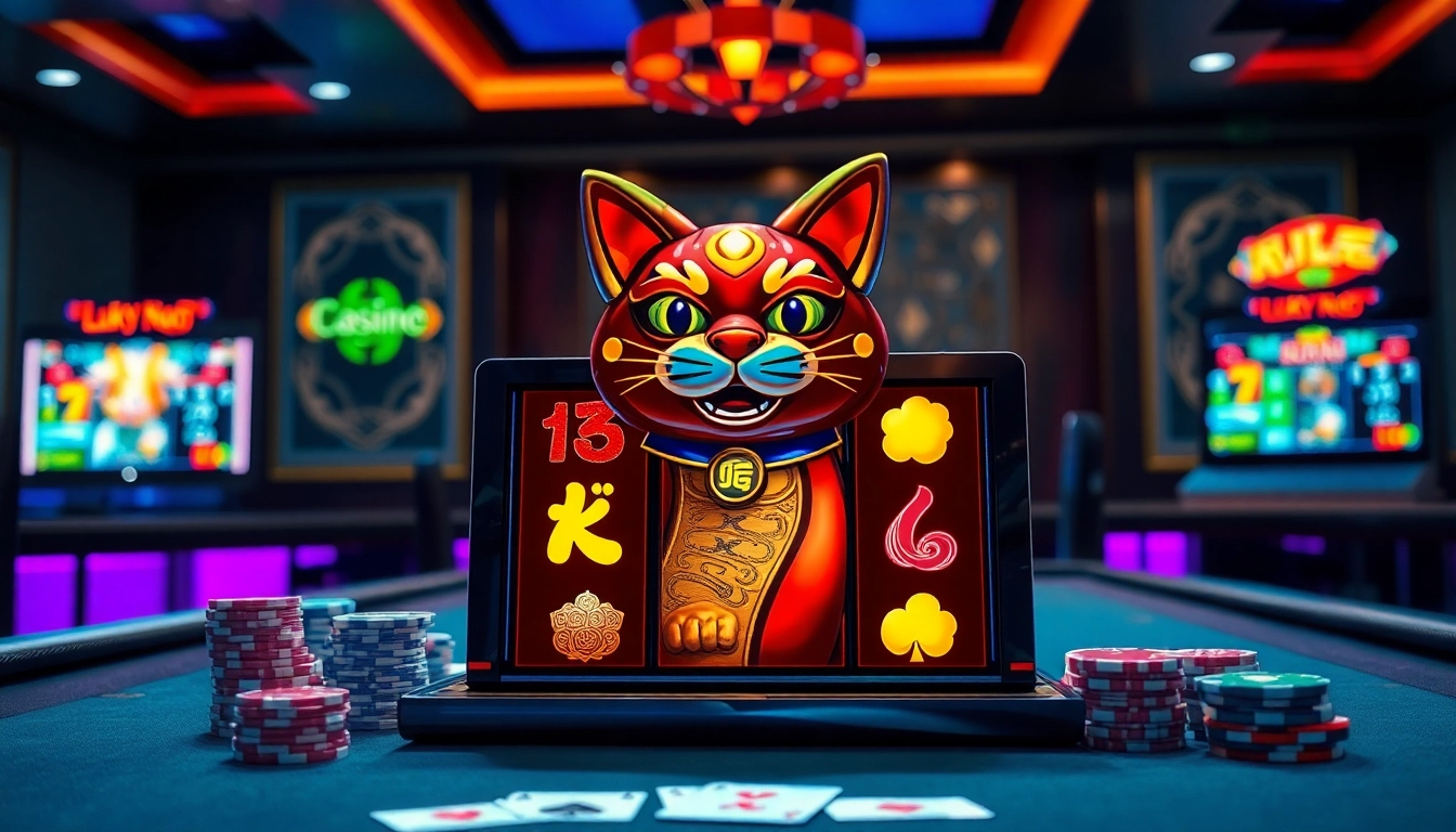 Playing slot demo Lucky Neko with colorful graphics and gambling excitement in a casino setting.