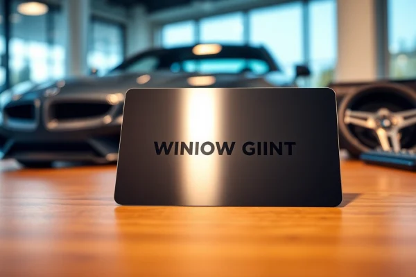 Showcasing a window tint gift card on a wooden desk with automotive decor, highlighting its luxury.