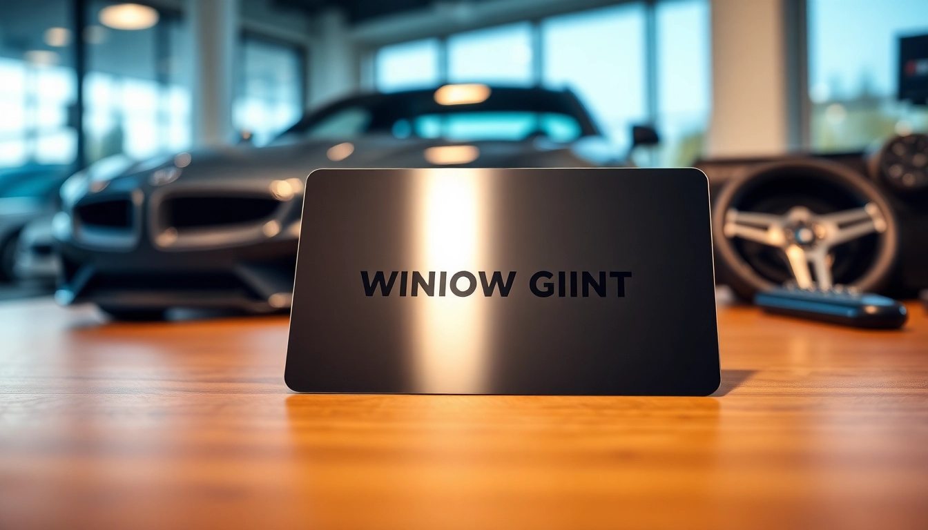Showcasing a window tint gift card on a wooden desk with automotive decor, highlighting its luxury.