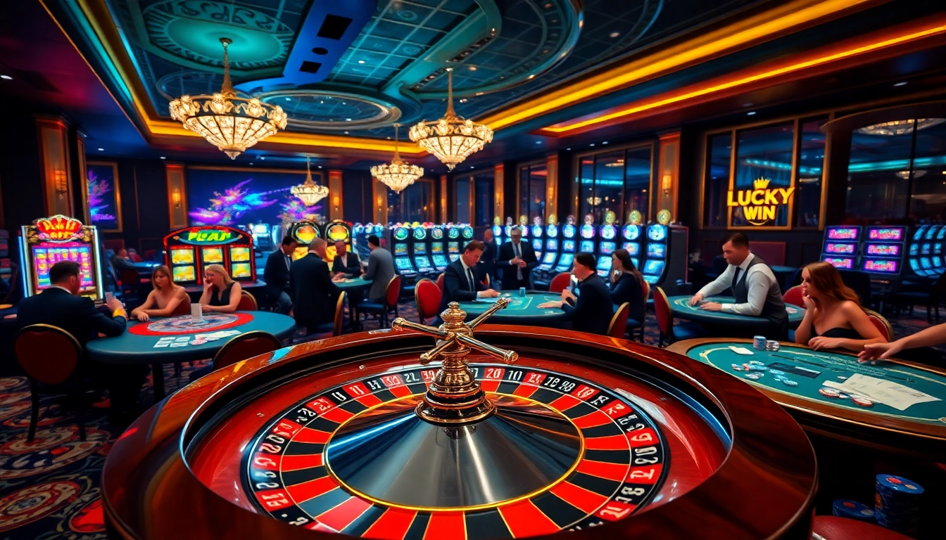Action-packed casino scene showcasing casino games at https://luckywin.com.co/, highlighting poker chips and a roulette wheel.