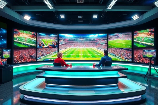 Engaging sports broadcasting scene featuring anchors and vibrant live sports displays.