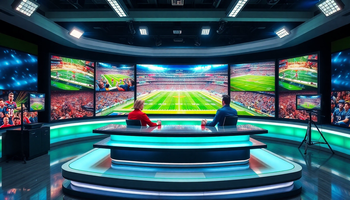 Engaging sports broadcasting scene featuring anchors and vibrant live sports displays.
