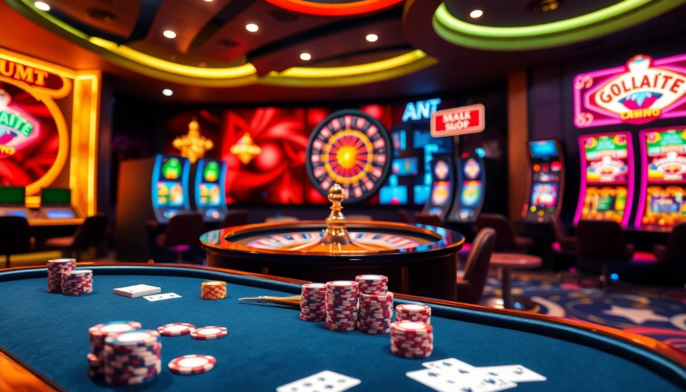 Experience the thrill of Nhà Cái RR88 with luxurious casino elements like poker tables and roulette wheels.