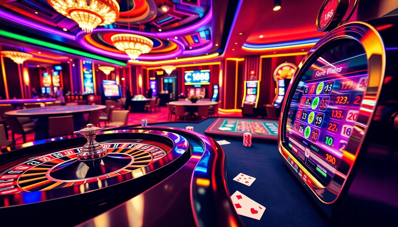 A vibrant casino scene with players enjoying games and showcases the C 168 branding prominently.