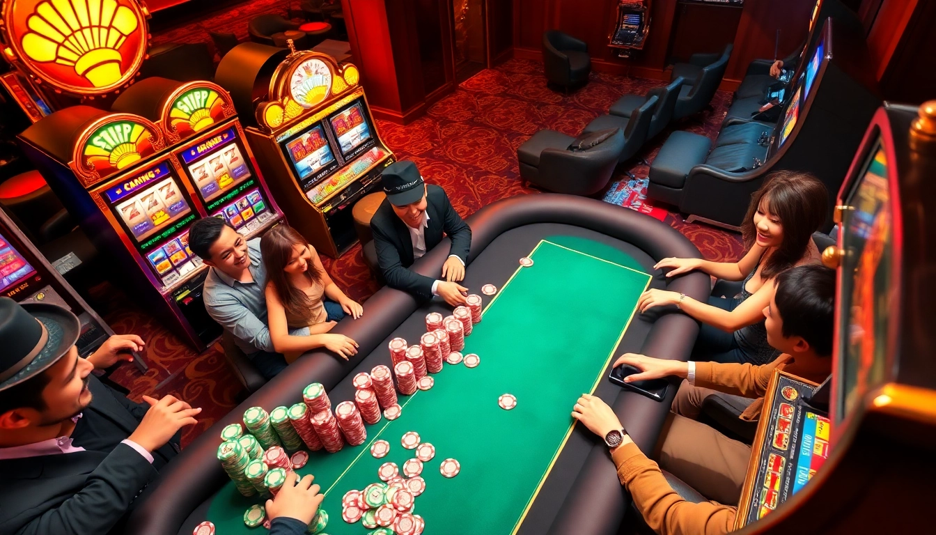 Players enjoying exciting jackpots at a situs gacor casino, surrounded by vibrant slot machines and colorful poker chips.