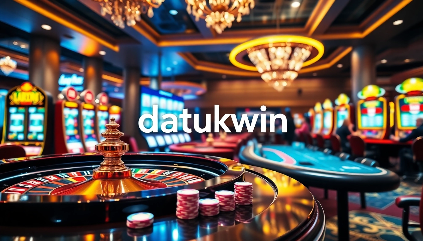 Adegan yang menggugah semangat perjudian datukwin dengan roulette dan mesin slot di kasino mewah.