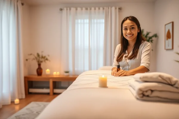 Professional therapist ready for an 오산출장마사지 session in a serene home setting.