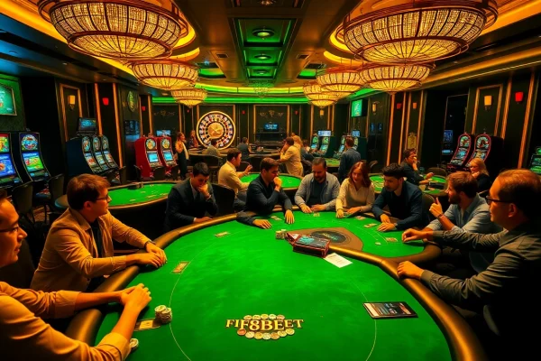 F8BET players engage in high-stakes poker at a luxurious casino table, showcasing excitement and strategy.