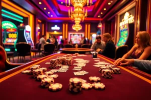 KONG88 poker table with players engaging in high-stakes gaming action at a luxurious casino.