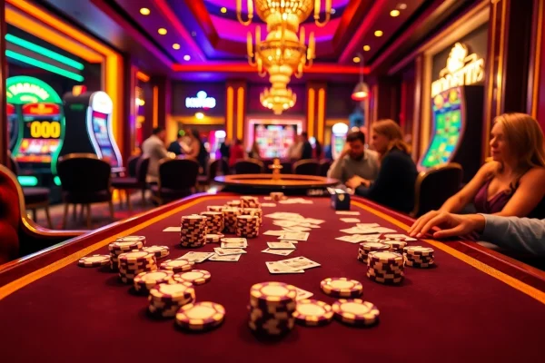KONG88 poker table with players engaging in high-stakes gaming action at a luxurious casino.