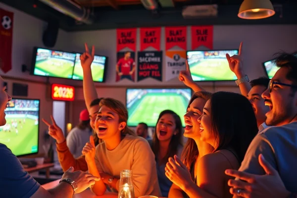 Fans enjoying live soccer matches at Luong Son TV sports bar, cheering together.