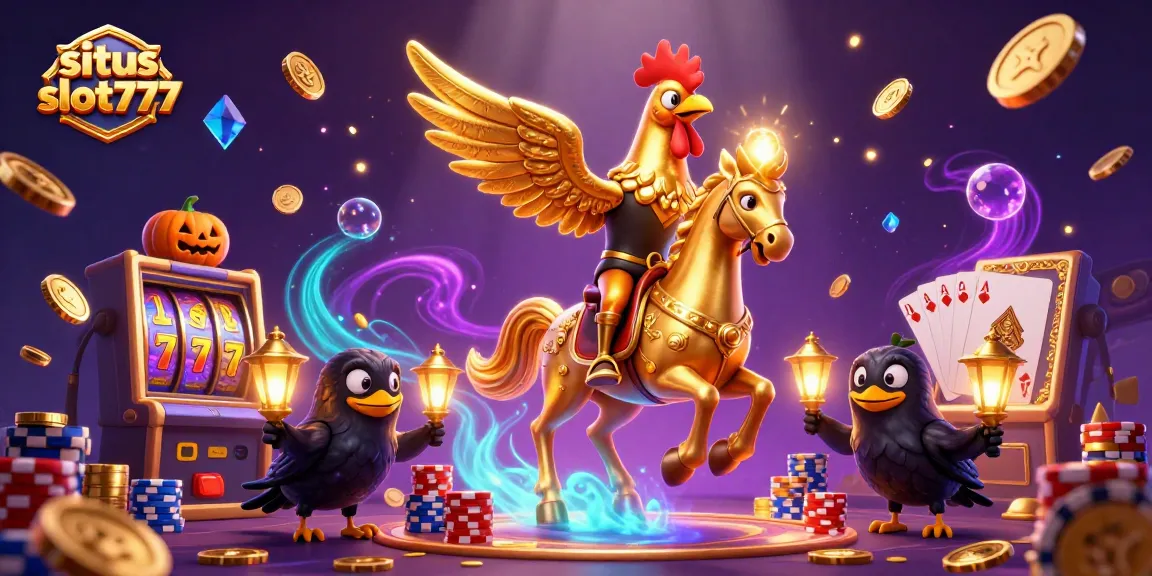 Spin the reels at situs slot777 while golden coins and jackpots surround a golden rooster.
